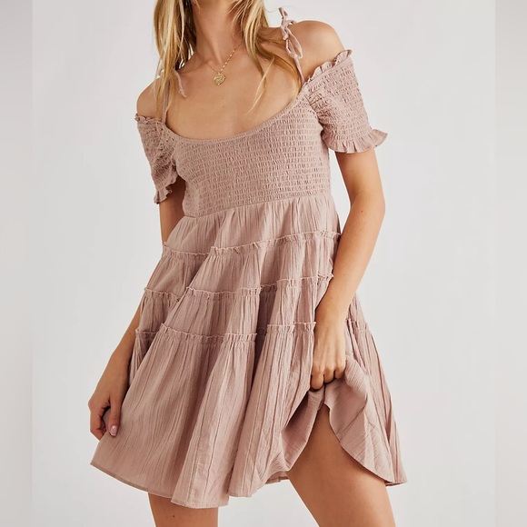 Free People Happy With You Mini Dress Smoked Mulberry Tiered Swing Off Shoulder - Picture 4 of 16